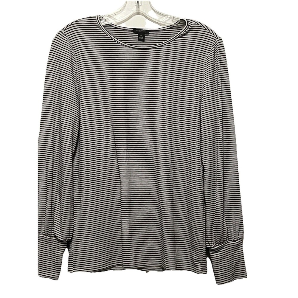 Ann Taylor Black White Striped Rayon Knit Long Sleeve Sweater Top Medium Petite